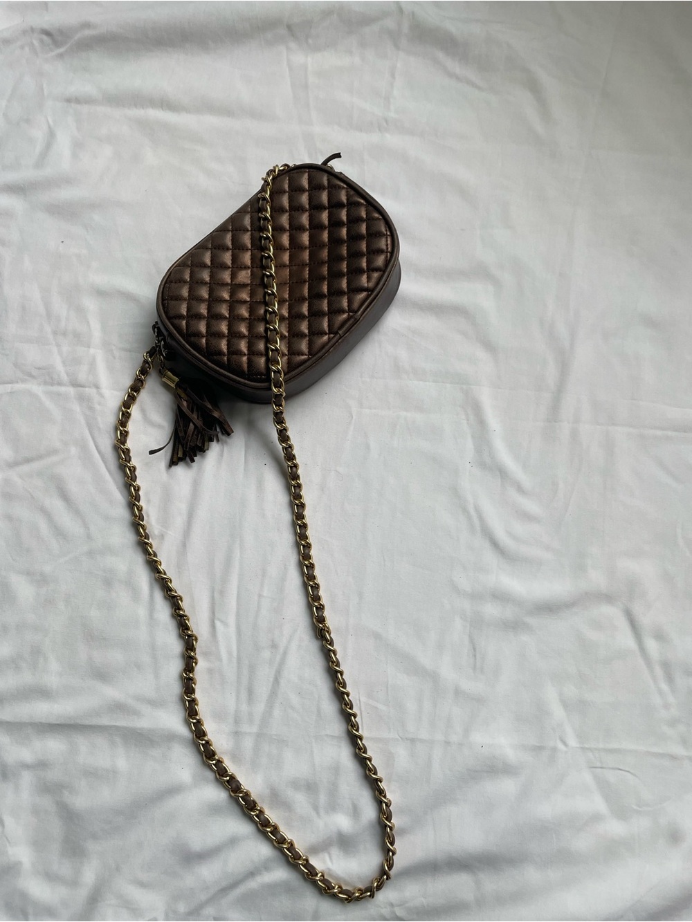 Lord & Taylor Quilted Brown Crossbody Bag with Gold Chain